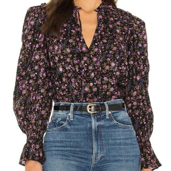 Free People Meant To Be Black Ditzy Floral Mutton Sleeve Peasant Blouse Size M - Picture 1 of 16